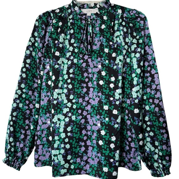 LOFT Tie Neck Floral Blouse | Size XS | Black Purple Green - Picture 2 of 6